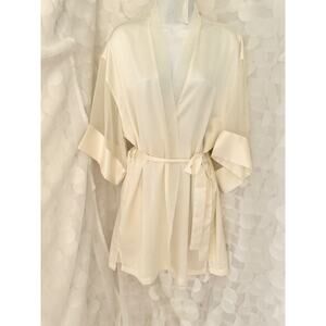 Vintage 80's Victorias Secret Ivory Satin Kimono Robe Sheer accents one size